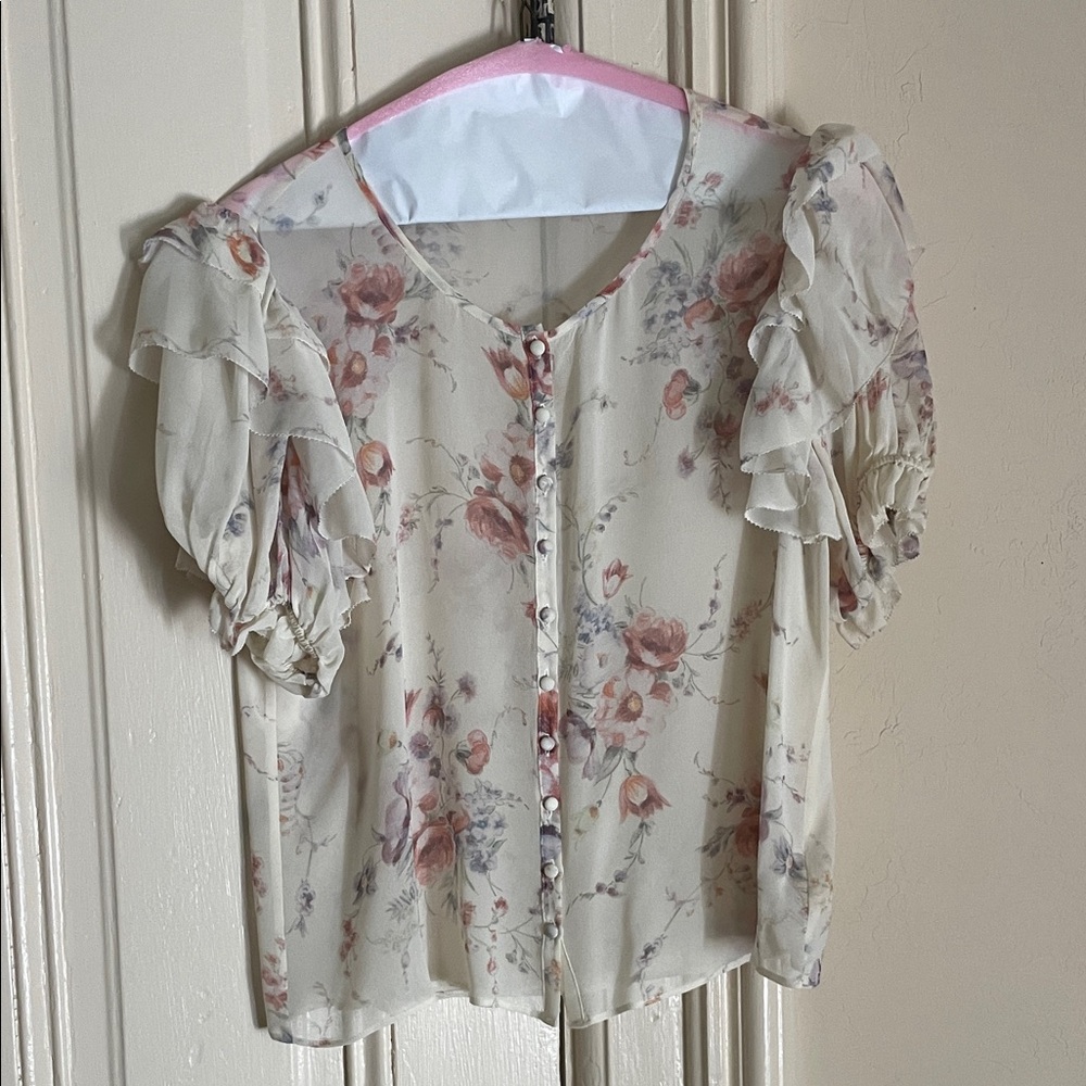 LoveShackFancy Cream Floral Blouse with Ruffles